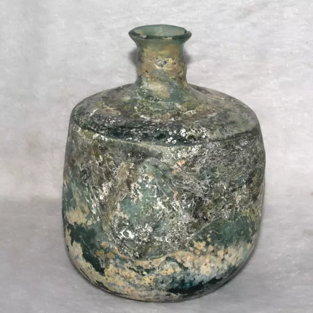 Large Ancient Roman Glass Bottle Container with Iridescent Patina C. 1st Century