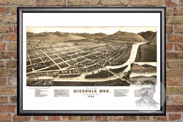 Vintage Missoula, MT Map 1884 - Historic Montana Art - Old Victorian Industrial