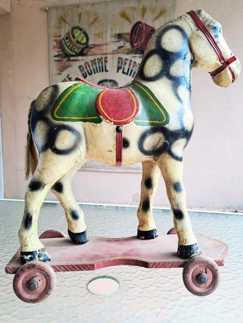Jouet Ancien Cheval En Carton Bouilli à Tirer - Longueur 35 Cm, Sur Roulettes, Vintage Français