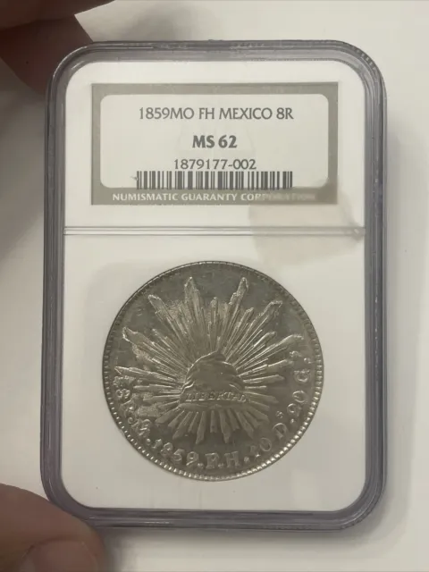 1859 Mo FH MEXICO Silver 8 Reales Coin CERTIFIED NGC MS 62 ~ Looks Proof-Like