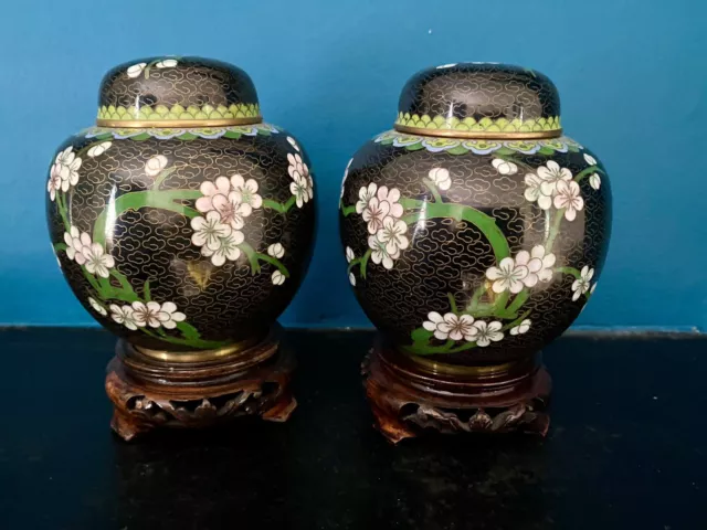 Pair Of Chinese Cloisonné  Lidded Pots/Jars 11 Cm. Tall On Carved Wooden Bases