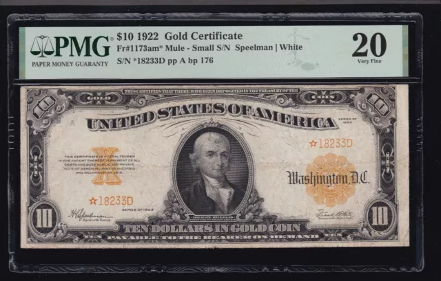 US 1922 $10 Gold Certificate FR 1173am STAR NOTE* PMG 20 VF (233*)