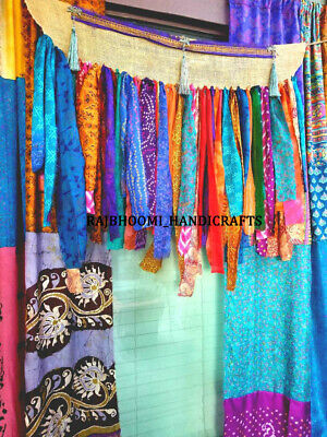 2 Pcs Indian Sari Patchwork Drape Window Decor Multi Silk Curtain With Bandarwal