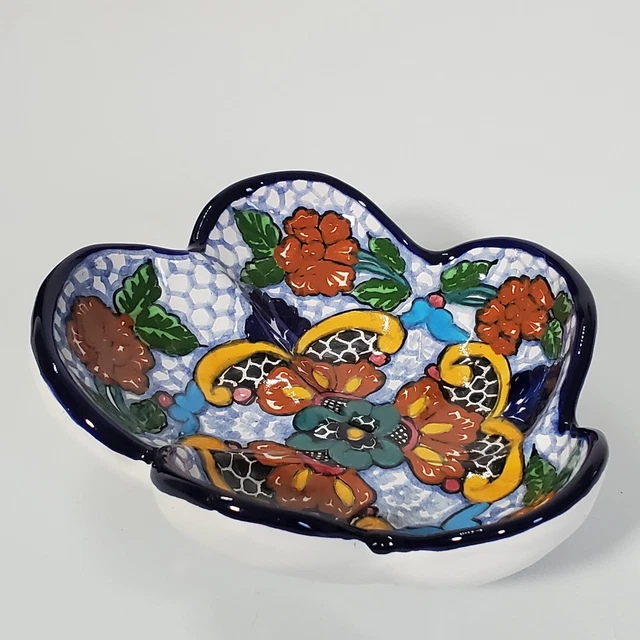 Talavera Trinket Dish Angar Puebla Mexico 5.5" Pottery Flowers Cobalt Blue