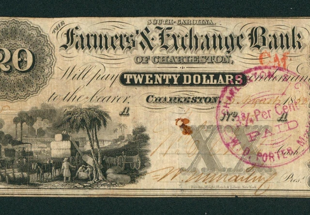 $20 1853 Farmers & Exchange Bank - Charleston, SC. Obsolete ** DAILY CURRENCY