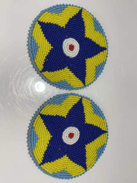 4 inch Beaded Rosettes Yellow Blue Floral Design Leather Back Set of 2