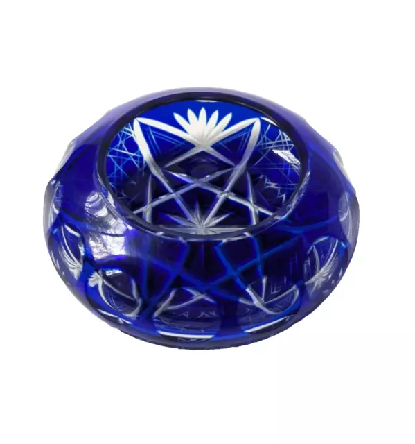 Vintage Cobalt Blue Cut to Clear Bohemian Crystal Potpourri Dish Czech Pinwheel