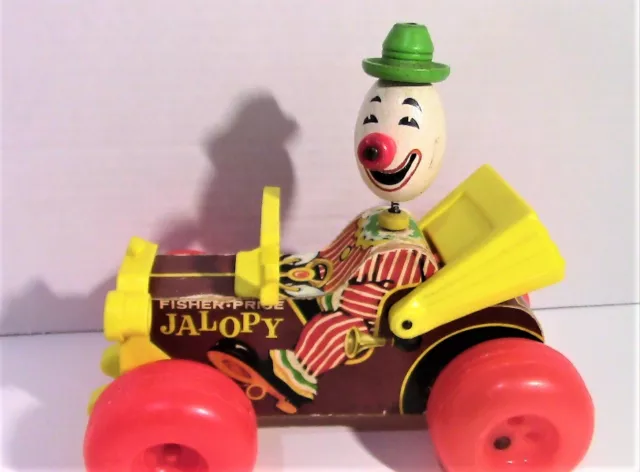 Jolly Jalopy Clown Bobble Head 1965 #724 Wooden Pull Toy Fisher Price Vintage