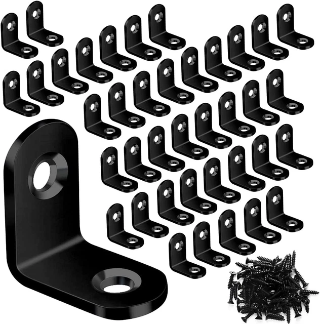 Corner L Bracket Braces Black w/ 80 Screws - 90 Degree Stainless Steel 40PCS