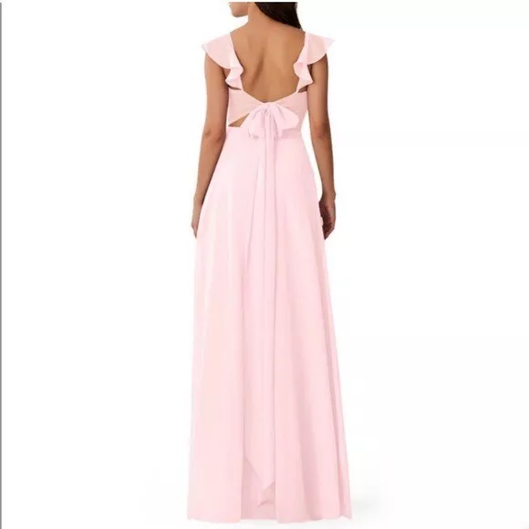 NWT Azazie Ruffle Strap V-Neck Slit Chiffon Maxi Dress Bridesmaid Wedding Pink 3