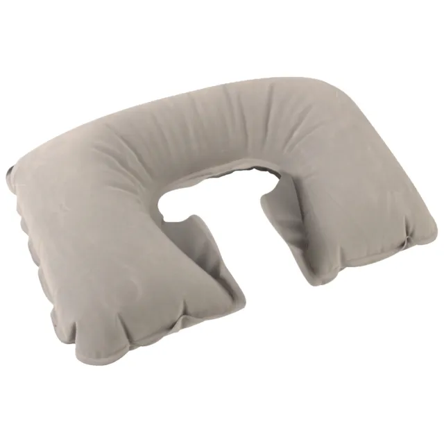 TRAVEL PILLOW Inflatable Neck Support Head Blow Up Soft Flock Cotton Fabric Grey