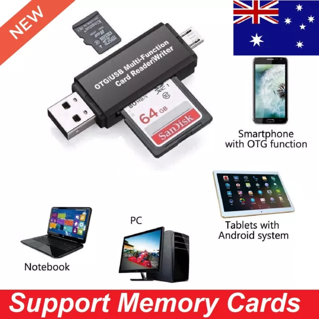 Micro USB OTG to USB 2.0 Adapter SD TF Micro Card Reader For PC Mobile Phone AU