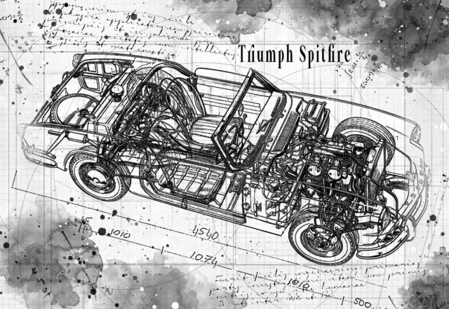 Line Tech Drawing Triumph Spitfire Cutaway Art Poster Print