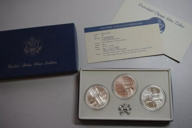 1984-P, D & S,    3 coin Olympic Silver Dollar Set with COA  and Box