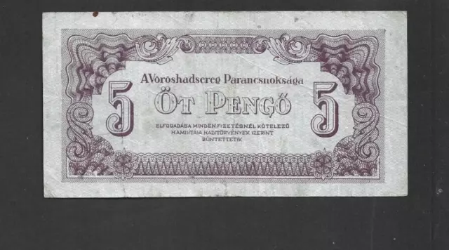 5 Pengo Very Fine Banknote From Russian Occupied Hungary 1944  Pick-M4