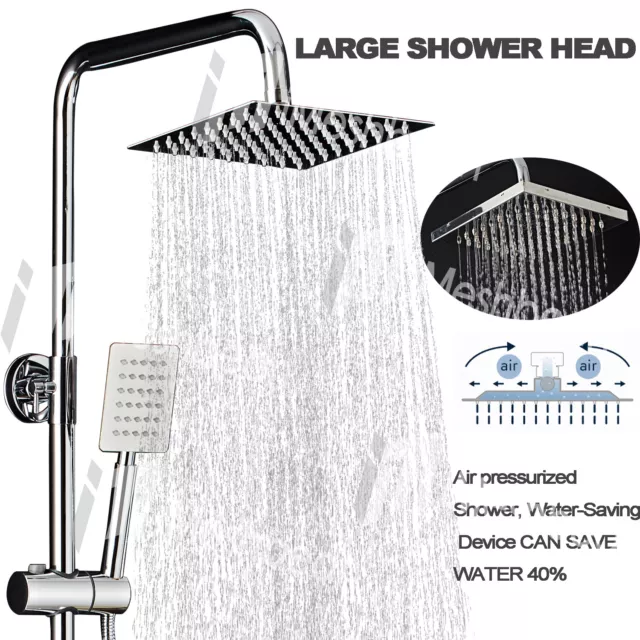 8" Wall Mount Chrome Shower Faucet Set Rainfall Hand Shower Tub Filler Mixer Tap 2