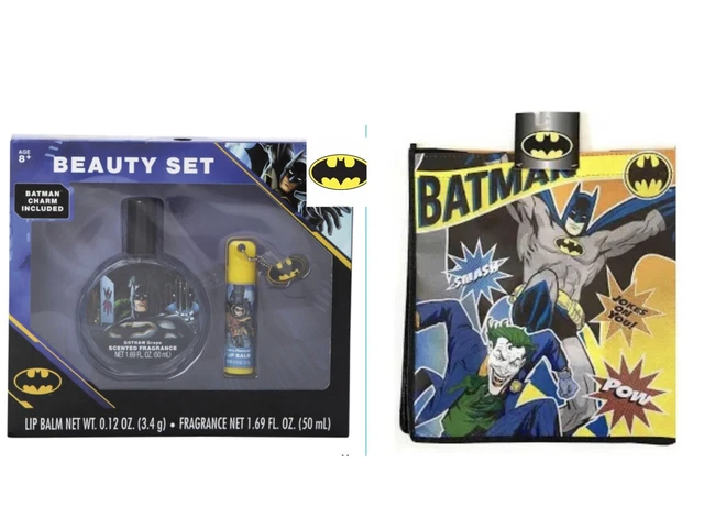 Bolso de mano 2 piezas fragancia de uva de Batman de DC Comics, dije, bálsamo labial con sabor, 13 pulgadas x 15 pulgadas