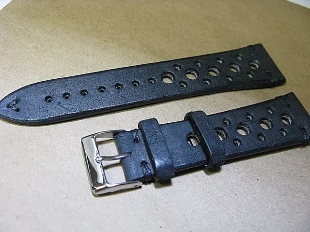 23mm Genuine Black Euro Leather Watch Band Made In Italy Perforated Rally Sports