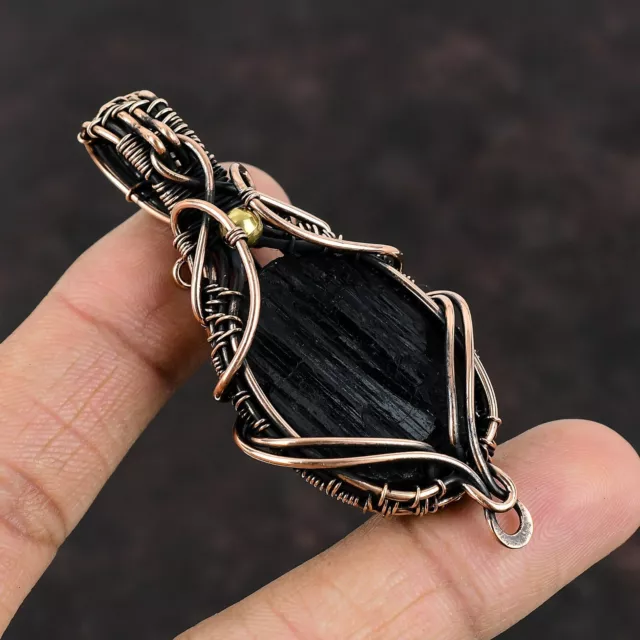 Black Tourmaline Rough Wire Wrapped Pendant Handcrafted Copper Unique 2.76"