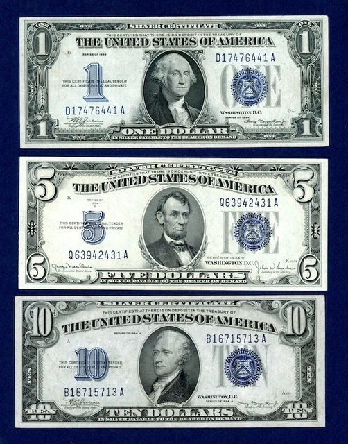 1934  $1  $5  $10  Blue Seal Silver Certificates - 3 Notes For One Price -Nice !