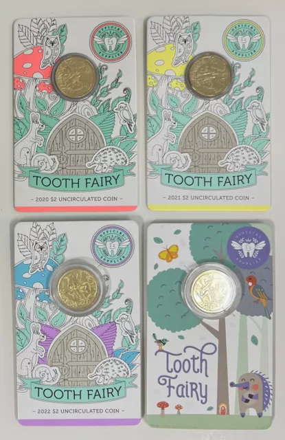 Set Of 4 $2 Tooth Fairy 2020, 2021, 2022, 2023 Uncirculated Coins On Card Ram