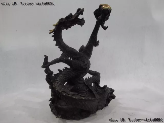 Chinese Royal Copper Bronze Home Feng Shui Lucky Fly Dragon Play Bead Art Statue 3