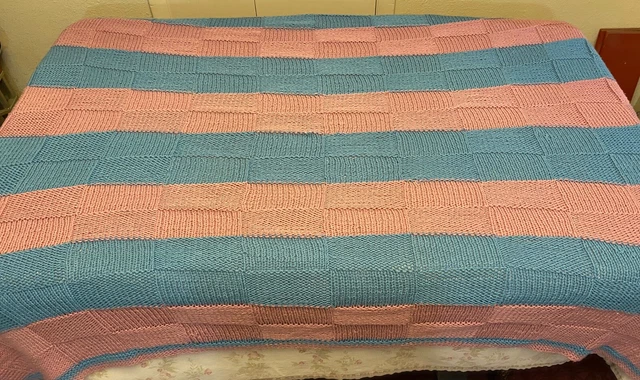 vintage striped colorblock crochet afghan pink blue large blanket bed sofa throw