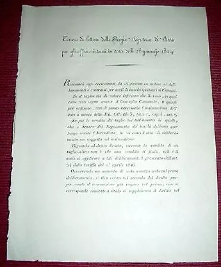 Regno Sardegna Savoia Torino Lettera ai Comuni Tariffa per Tagli dei Boschi 1824