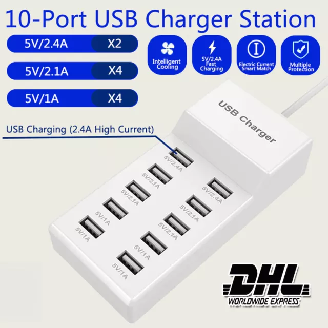 10-fach USB Ladestation Mehrfach-Ladegerät Hub Port 5V Netzteil Adapter Handy