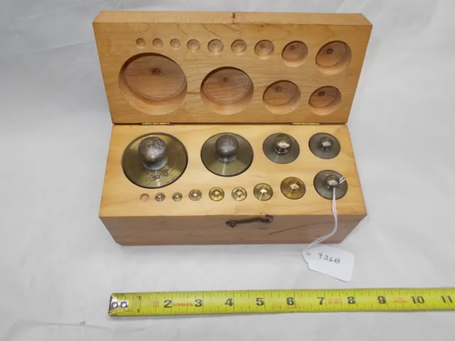 Weights, Set of (12) Vintage Brass Apothecary Weights in Wooden Box