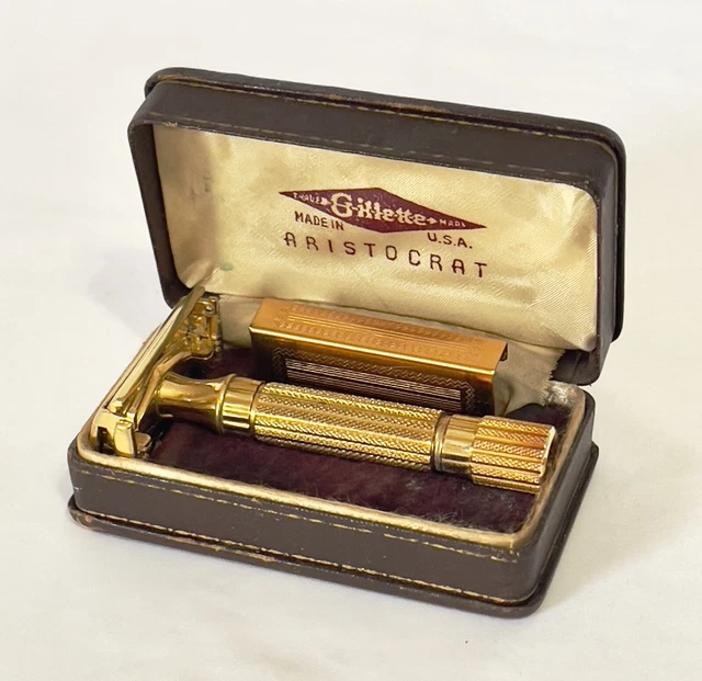 Vtg 1930s 40s Gillette Aristocrat Gold Safety Razor & Blade Bank w Leather Case