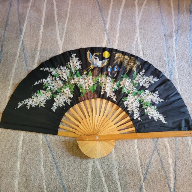 Large Hand Painted 39 1/2" X 24" Asian Bamboo Wall Hanging Fan Birds Flowers EUC