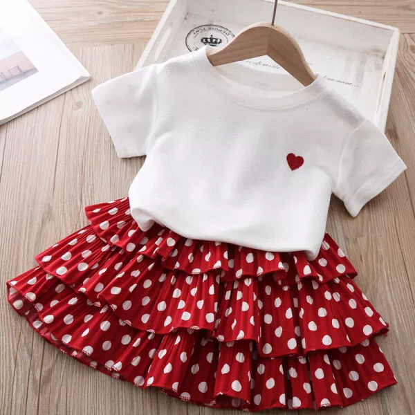 Completo Bimba bambina Maglia maniche corte  gonna tutu top rosso bianco B048