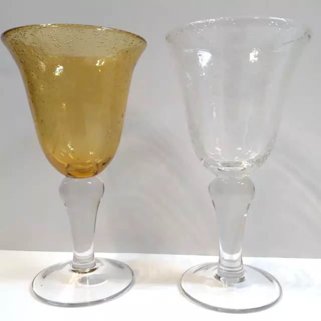 Artland IRIS LOT OF TWO Amber & Clear Bubble Glass Water Wine Goblets 8-1/4”