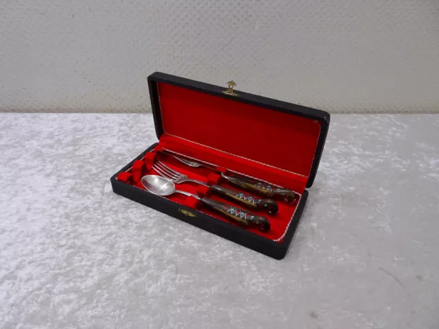 jvdVBE - 3 tlg. Besteckset mit Etui - Figürliche Griffe Kuhhorn - Vintage