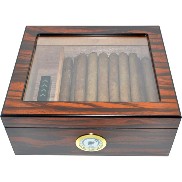 CIGAR HUMIDOR LARGE Cedar Wood Desktop Tempered Glasstop Humidifier 50