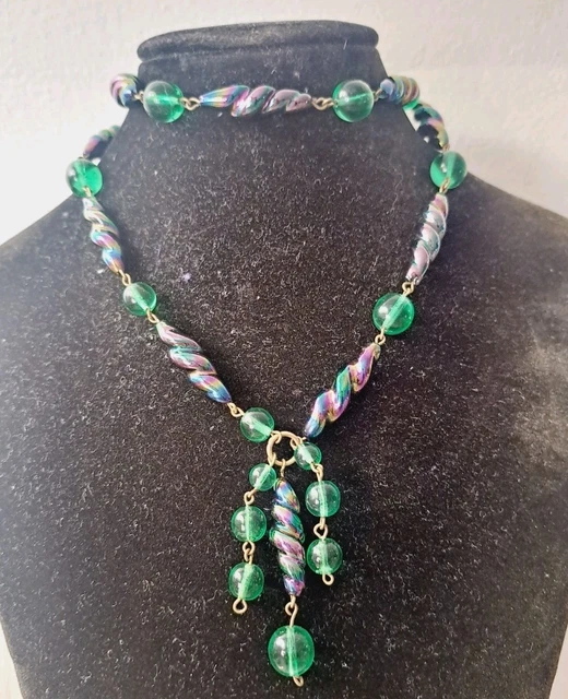 Collier Vintage Perles En Verre Vertes Et Multicolores - Bijou Rétro Années 50