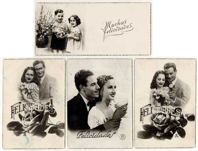 Lote de cuatro antiguas foto felicitaciones románticas. Años 50