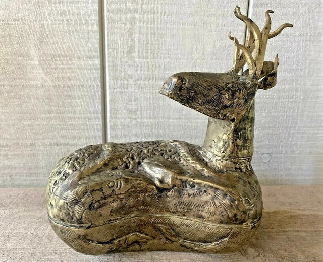 Antique Silver Over Brass Deer Stag Betel Nut Box 8” X 9”