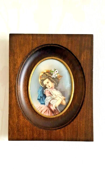 Cadre bois médaillon ovale verre bombé, portrait miniature d'une dame élégante.