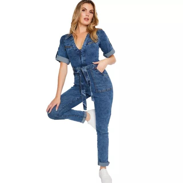 Womens Ladies Denim Jumpsuit Blue Acid Wash Stretch Zip Playsuit All Sizes UK