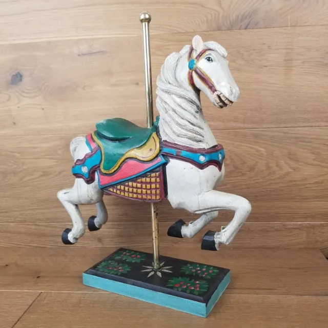 VTG Large Wooden Folk Art Carved Carousel Horse Wood Brass Pole Hand Painted 15”