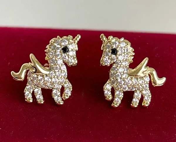 Licorne Boucles D'Oreilles Chevaux Zircon Or 14K Plaqué Or Enfants Filles