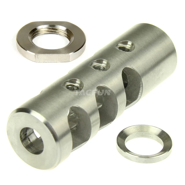 thumbnail image 2 of Stainless Steel Muzzle Brake 1/2x28 TPI For .223/5.56/.22LR W/ Crush Washer & Jam Nut 2 of 5