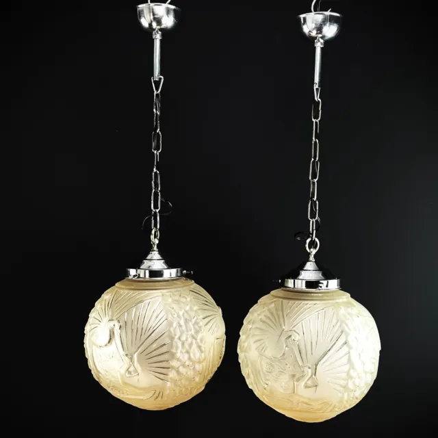2 X Art Deco Ceiling Lamps Muller Freres Luneville Hanging Peacock Motifs 1930s
