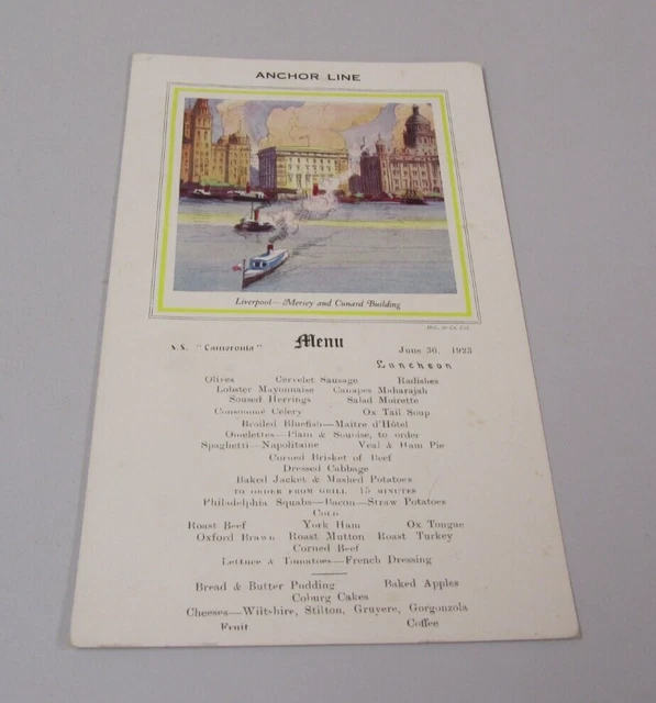 1923 CUNARD ANCHOR Line SS Cameronia Menu Liverpool Mercy and Cunard