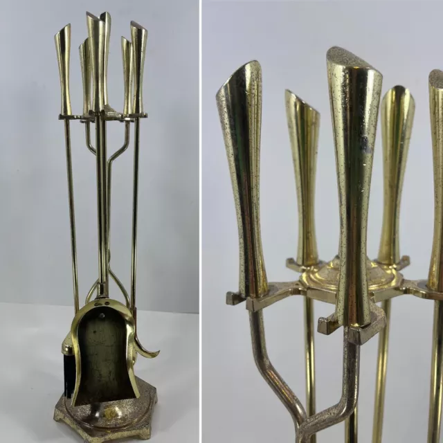 Mid Century Modern Fireplace 5 Piece Brass Gold Tool Set - Hollywood Regency 31”