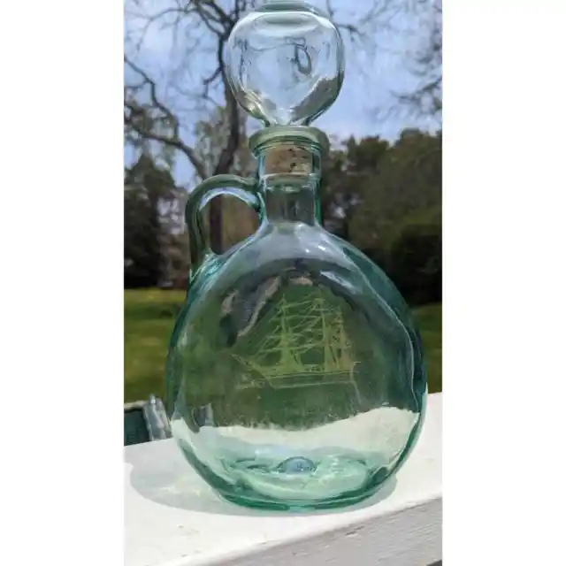 Old Ironsides Old Fitzgerald Green Blown Glass Bottle Whiskey Decanter w/stopper