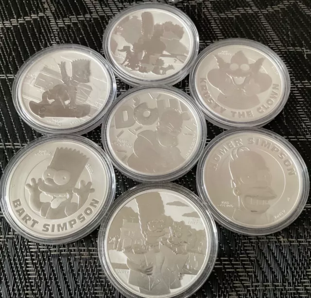 7x Simpsons 1oz Homer-Krusty-Bart-Family-Marge-Bart-Homer Silbermünze19+20+21+22