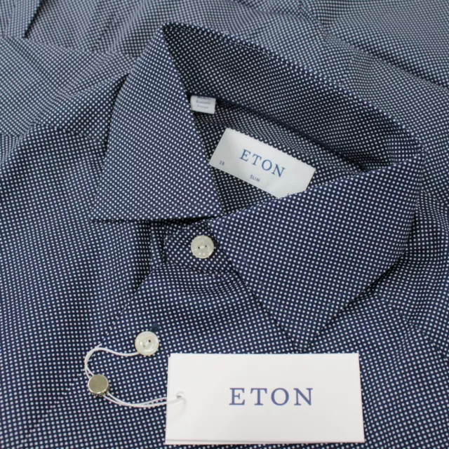 Eton NWT Dress Shirt Size 15 38 Slim Fit In Dark Blue With White Polka Dots